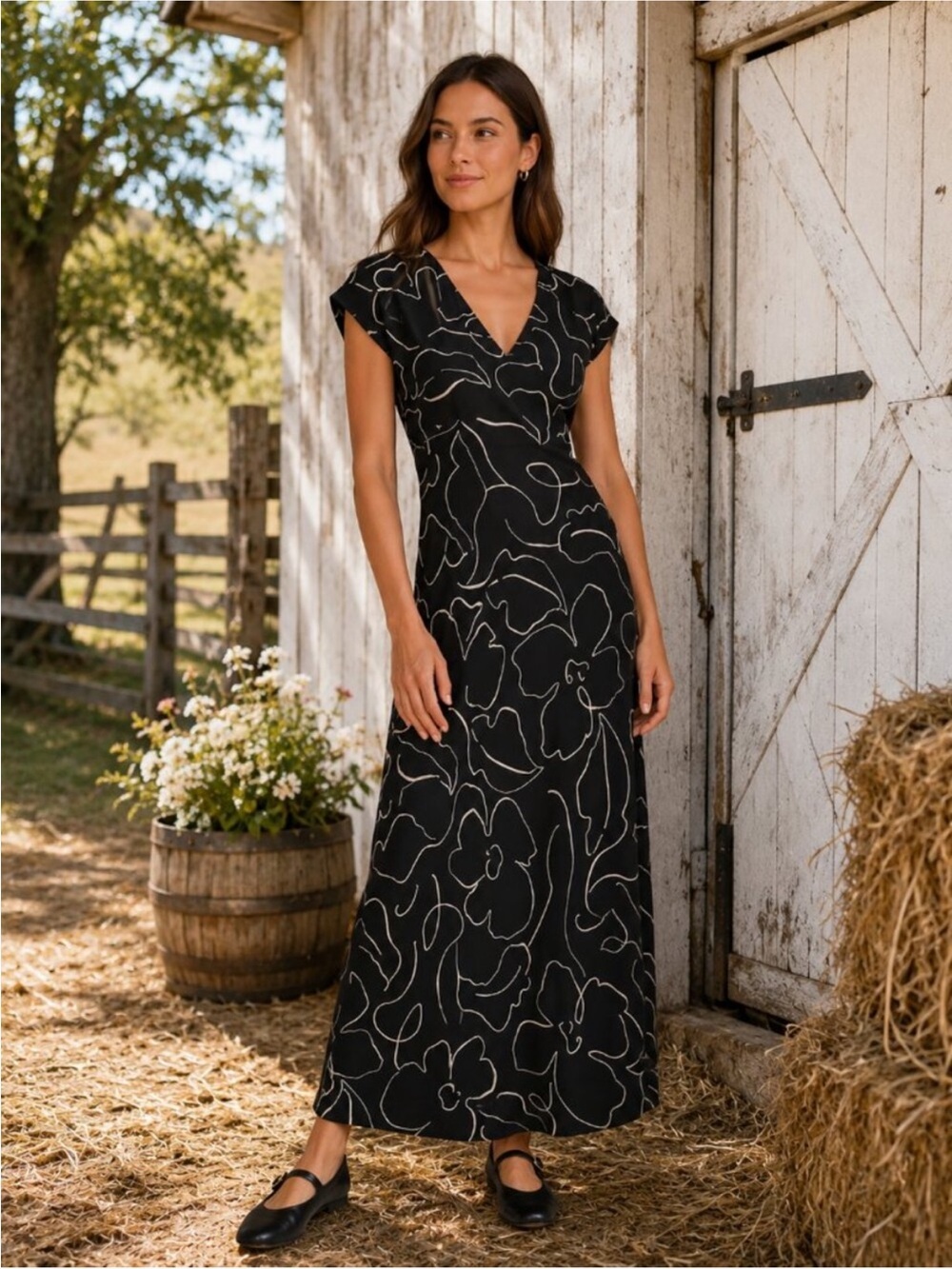 NWT Madewell Marianna Black Floral V-Neck Cupro Blend Maxi Dress #P0925 Sz 16